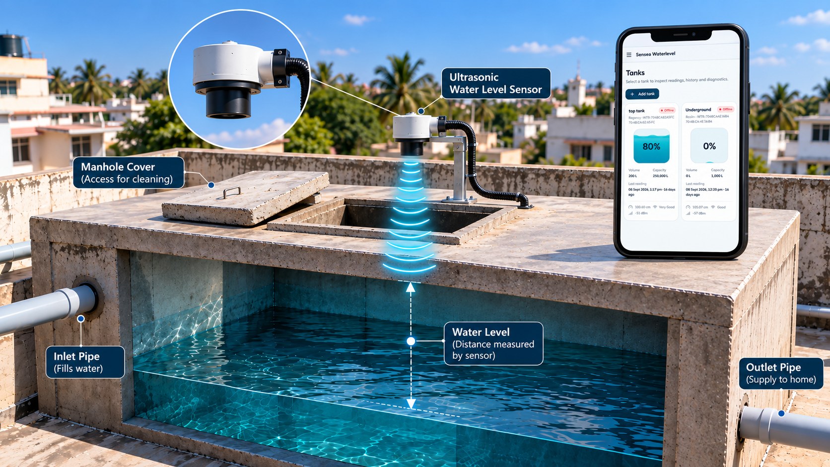 Sensea sensor mounted on a rooftop tank showing the live level on its display
